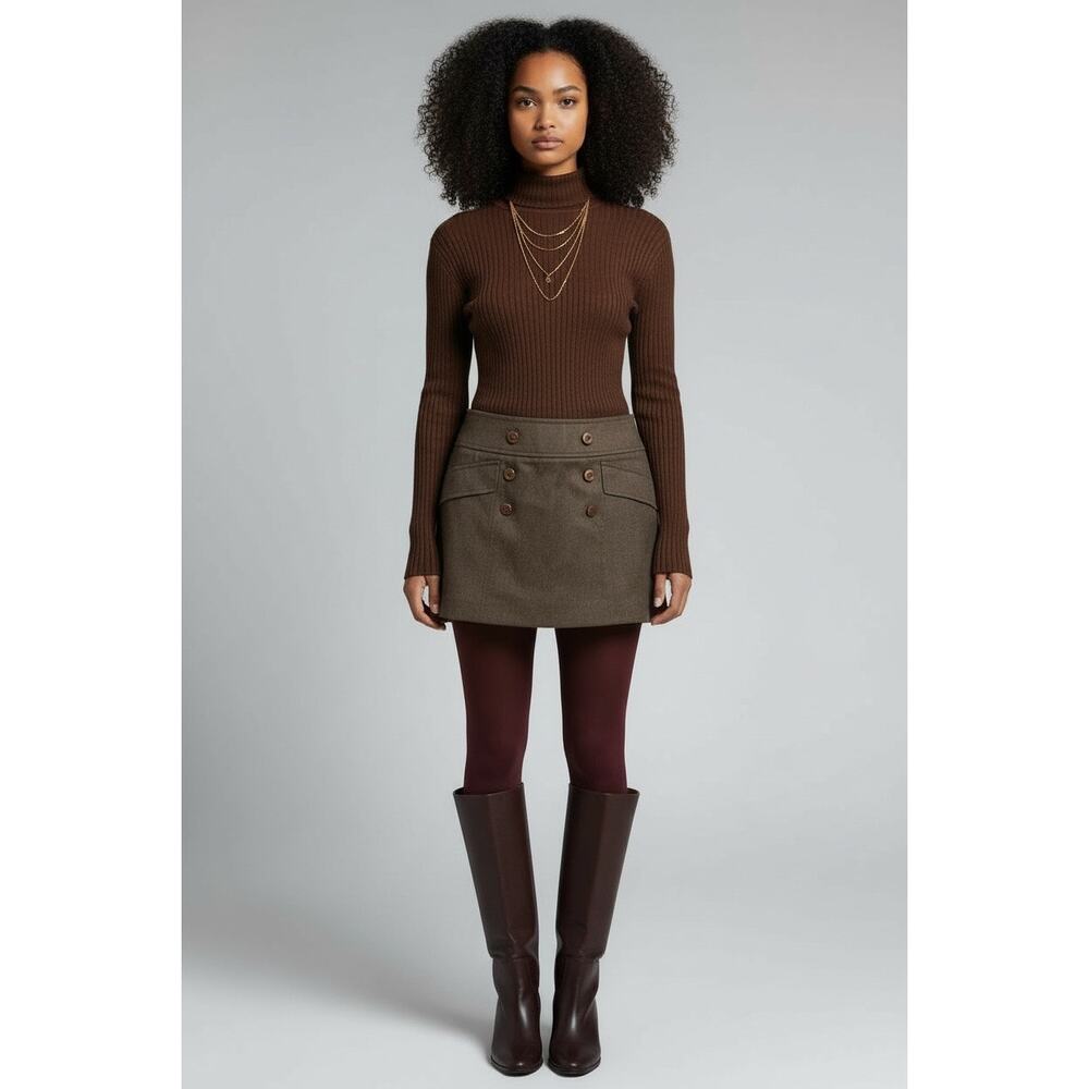 Women’s Perry Ellis Preppy A Line Wool Mini Skirt Brown Medium Business Casual